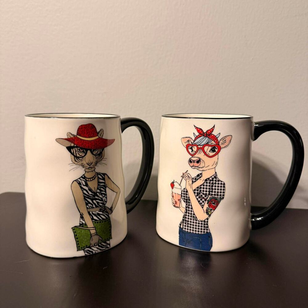 Set of 2 Signature Housewares Hipster Animal Mugs - Tiger & Cow - 17.5oz